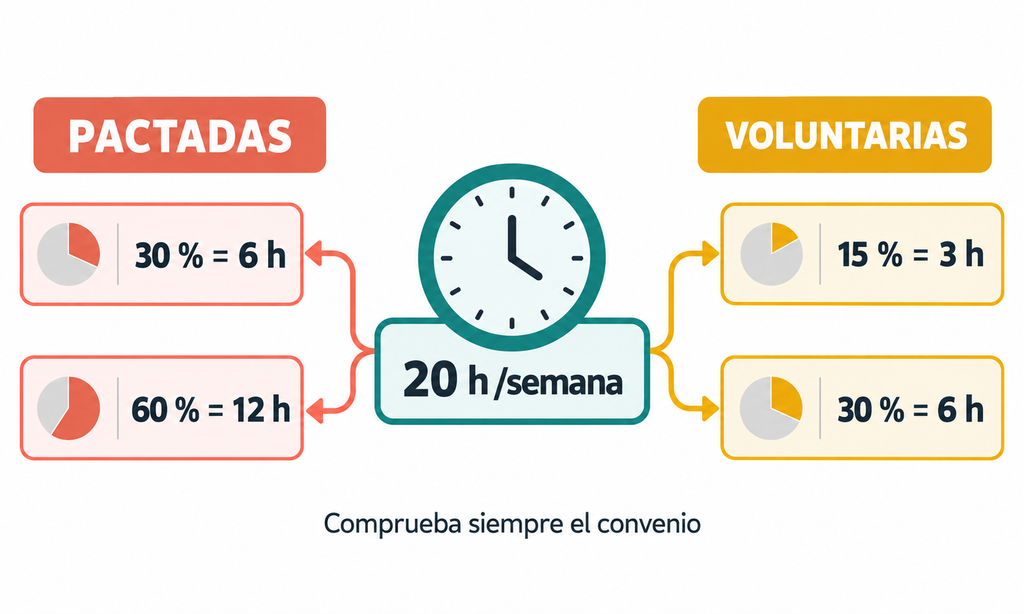 Ejemplo de cálculo de los límites de horas complementarias sobre una jornada de 20 horas semanales.
