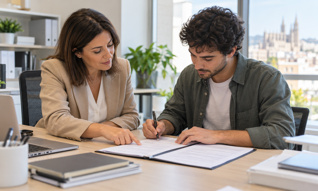 Responsable de recursos humanos y empleado revisan un pacto de horas complementarias en una oficina.