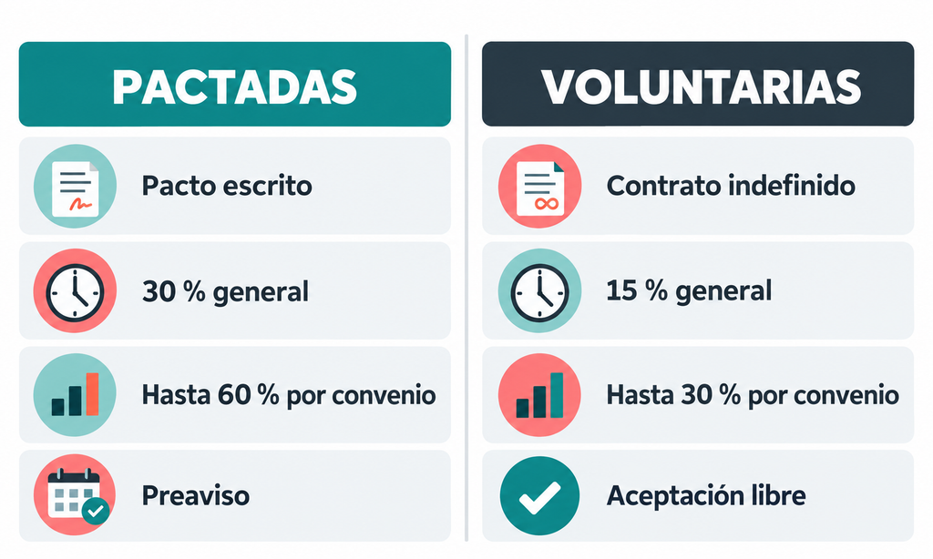 Comparativa de horas complementarias pactadas y voluntarias en contratos a tiempo parcial.