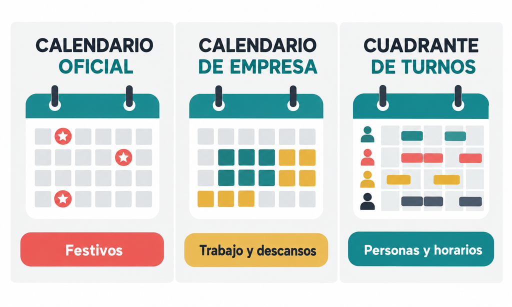 Comparación entre calendario oficial de festivos, calendario laboral de empresa y cuadrante de turnos.