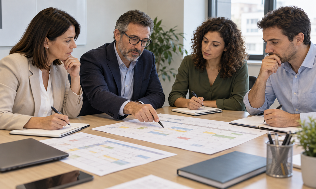 Equipo de recursos humanos planifica el calendario laboral anual sobre una mesa de trabajo
