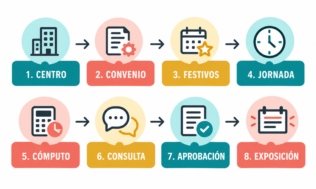 Ocho pasos para elaborar, consultar, aprobar y exponer el calendario laboral de una empresa.