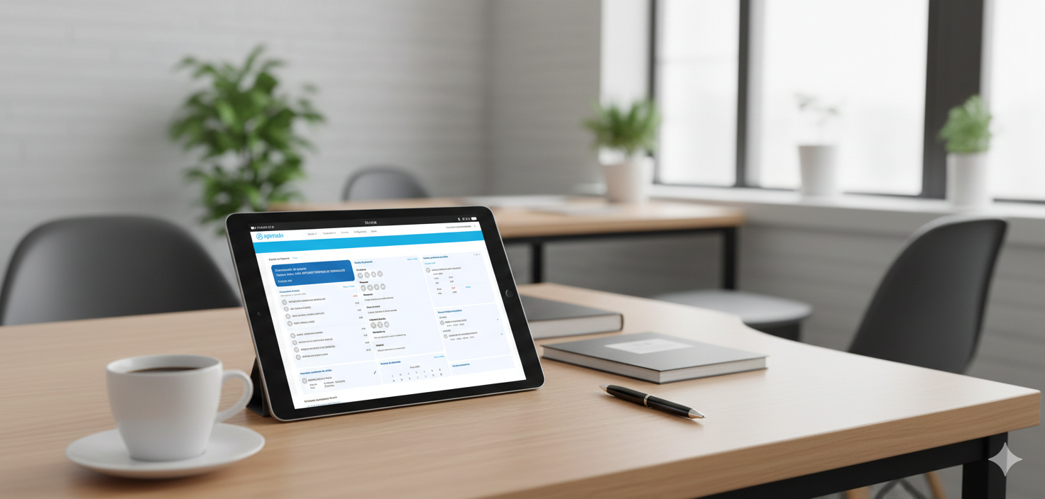 Vista superior de una tablet y un smartphone en una mesa de oficina mostrando un calendario digital de ausencias y vacaciones.